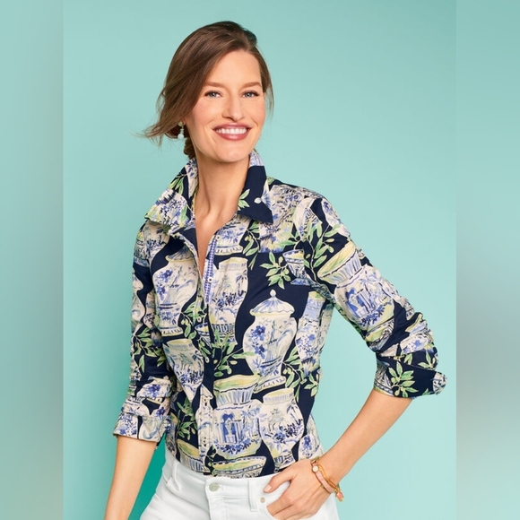 Talbots Classic Cotton Watercolor Vases Long Sleeve Button Down M - Picture 1 of 8